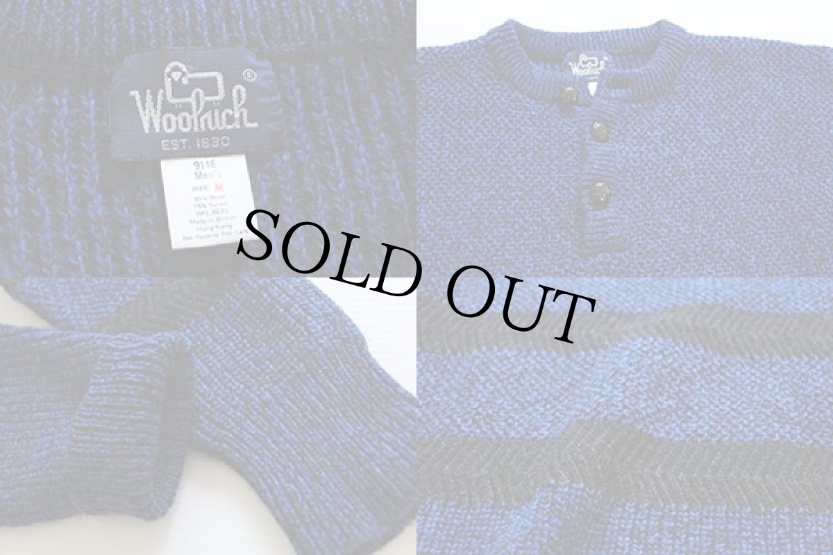 画像4: 80s Woolrichウールリッチ ヘンリーネック ボーダー ウールニット セーター 青 M (4)