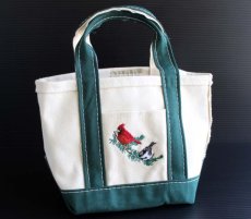 画像1: USA製 L.L.Bean BOAT AND TOTE 鳥刺繍 キャンバス トートバッグ 白x緑 ミニ (1)