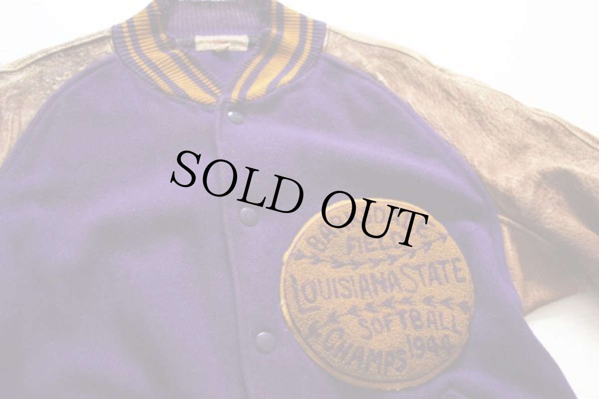 画像3: 40s SAND KNIT パッチ付き メルトン ウール 袖革スタジャン 紫 42 (3)