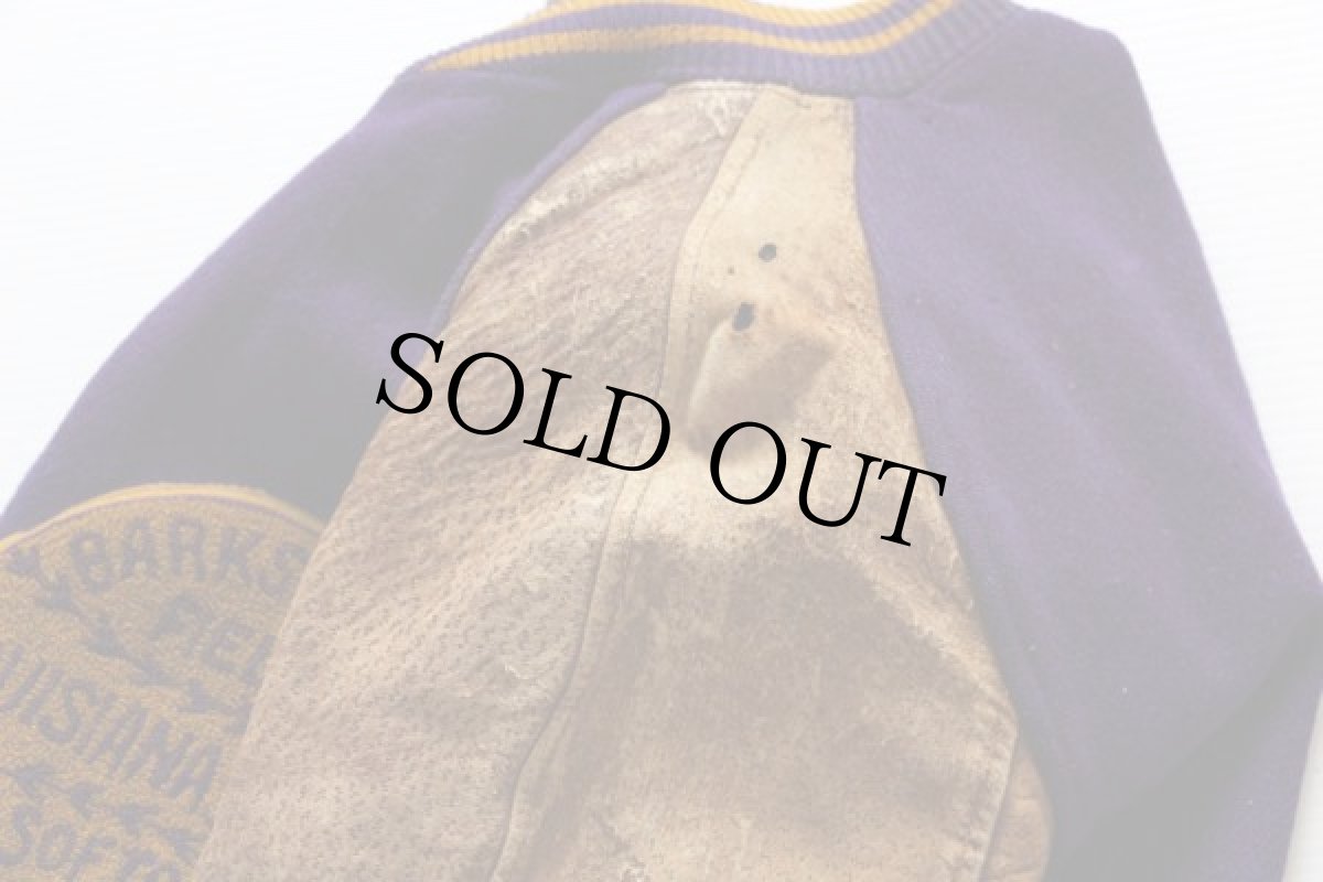 画像7: 40s SAND KNIT パッチ付き メルトン ウール 袖革スタジャン 紫 42 (7)