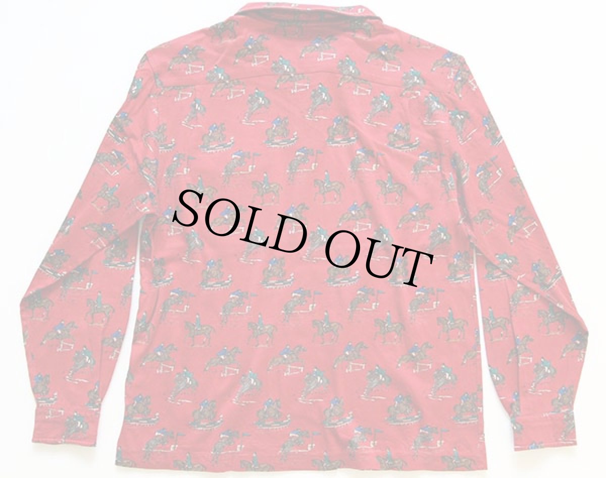 画像2: 80s ラルフローレン 乗馬 総柄 コットン 長袖ポロシャツ 赤 M (2)