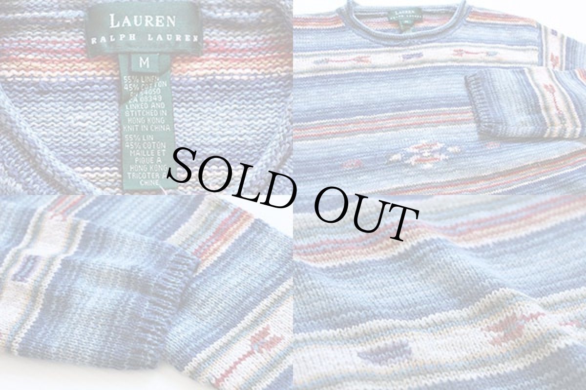 画像4: 00s LAUREN ラルフローレン ネイティブ柄 リネン×コットン ニット セーター M (4)