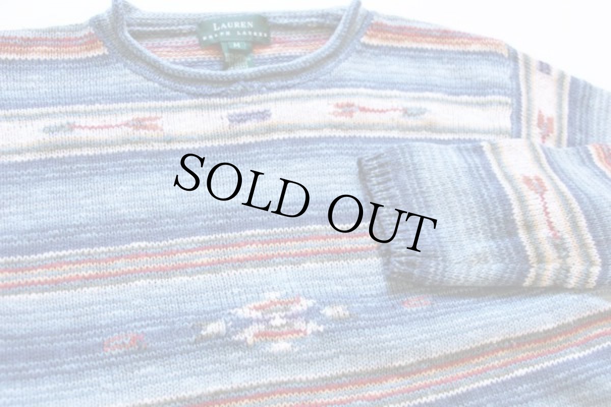 画像3: 00s LAUREN ラルフローレン ネイティブ柄 リネン×コットン ニット セーター M (3)