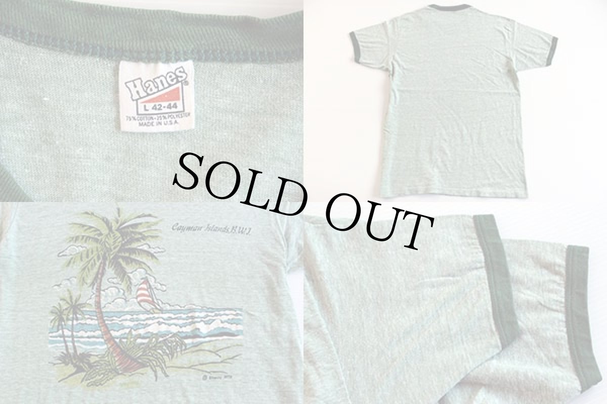 画像3: 70s USA製 Hanes 染み込みプリント リンガーTシャツ 杢グリーン L (3)