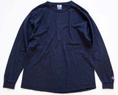 画像1: 90s USA製 Championチャンピオン 無地 バインダーネック コットン 長袖Tシャツ 紺 L (1)