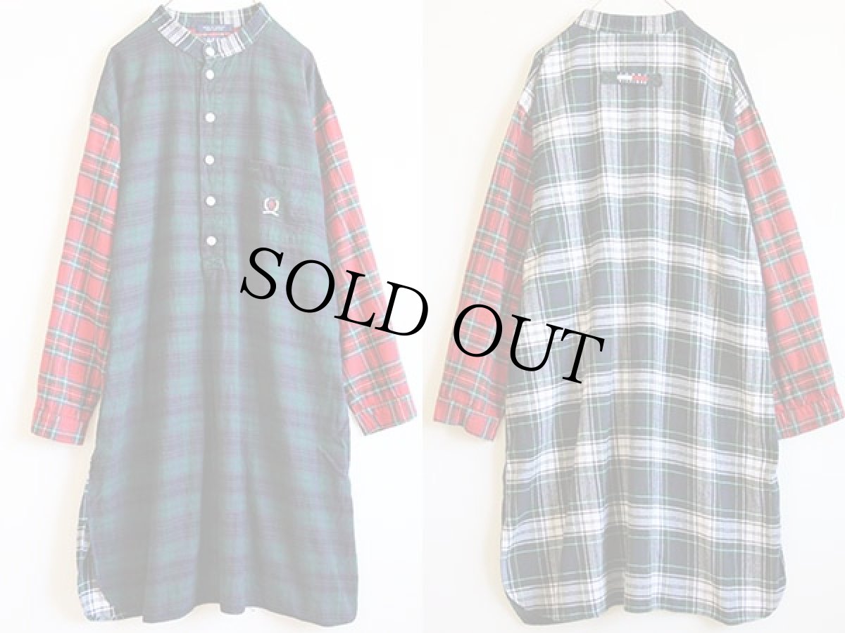 画像2: 90s TOMMY HILFIGERトミーヒルフィガー クレイジーパターン チェック バンドカラー ライトネル パジャマシャツワンピース (2)