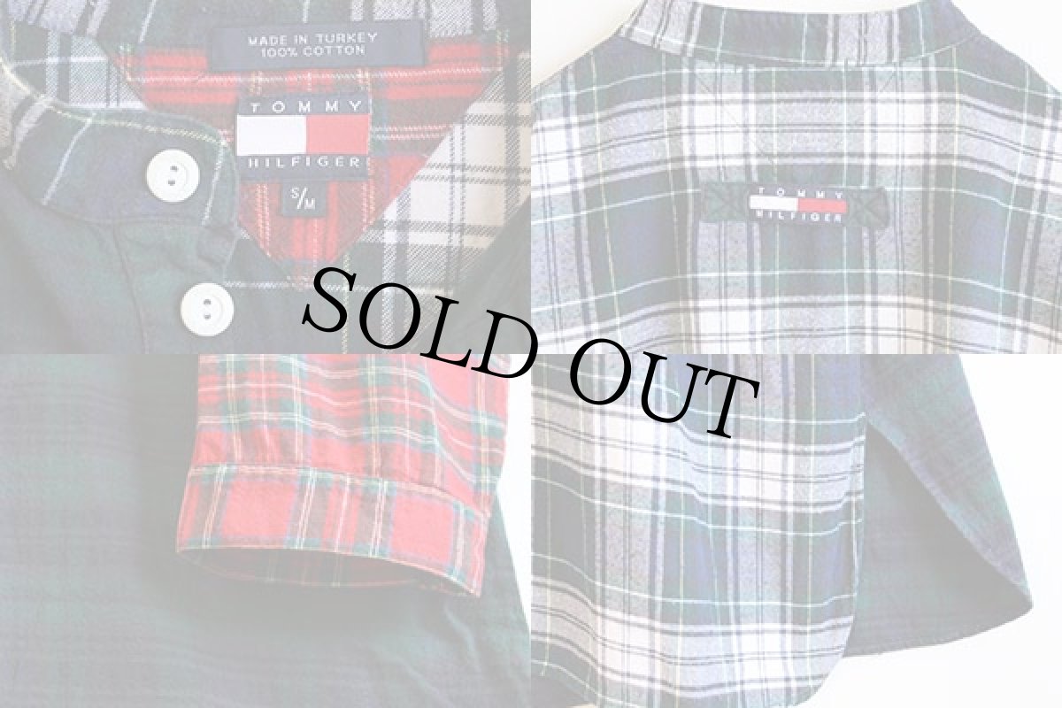 画像3: 90s TOMMY HILFIGERトミーヒルフィガー クレイジーパターン チェック バンドカラー ライトネル パジャマシャツワンピース (3)
