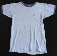 画像2: 70s USA製 Championチャンピオン ワンポイント 染み込みプリント 88/12 リンガーTシャツ 杢ブルー XL (2)