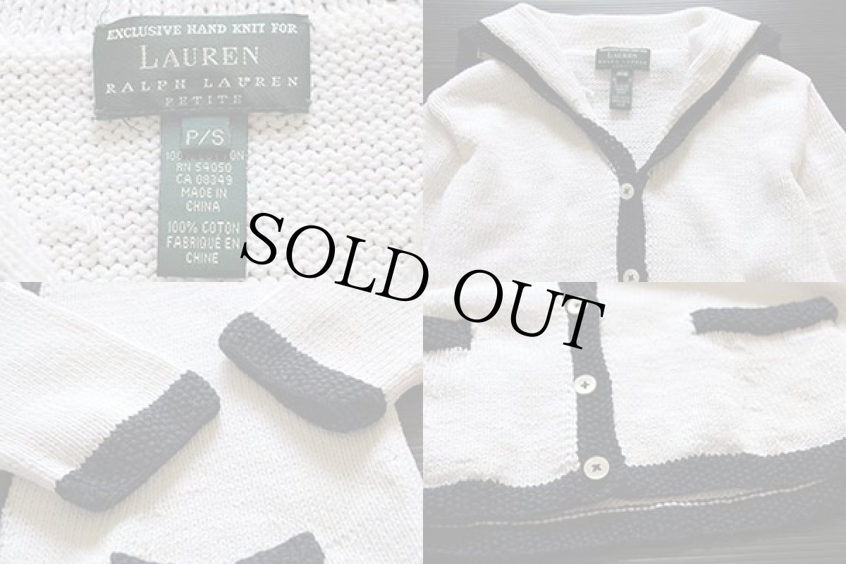 画像4: 00s LAUREN ラルフローレン セーラーカラー コットンニット カーディガン 白×紺 S (4)