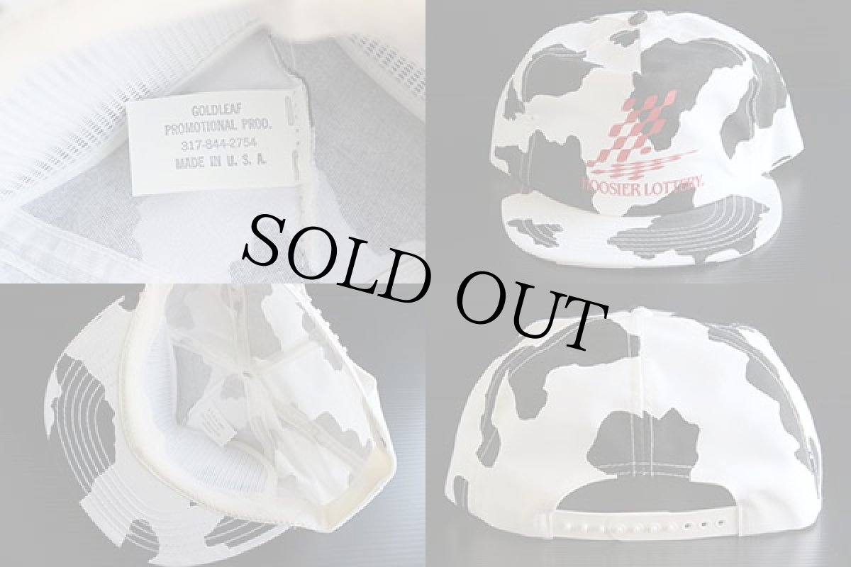 画像3: デッドストック★90s USA製 HOOSIER LOTTERY 牛柄 キャップ 白×黒 (3)