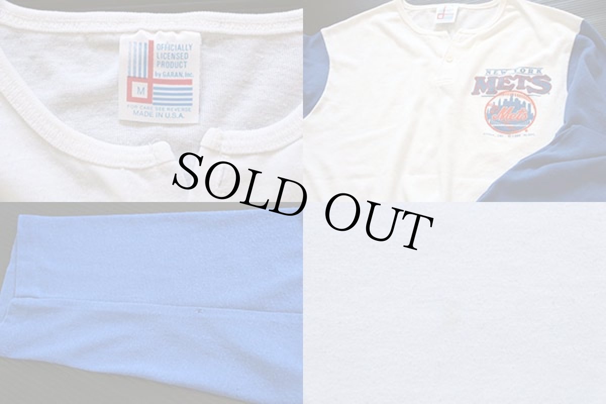 画像4: 80s USA製 MLB NEW YORK METS ツートン ヘンリーネック 七分袖 Tシャツ 青 M (4)