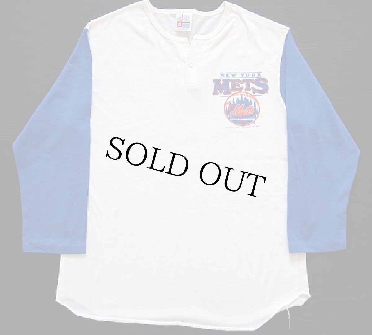 画像1: 80s USA製 MLB NEW YORK METS ツートン ヘンリーネック 七分袖Tシャツ 青 M (1)