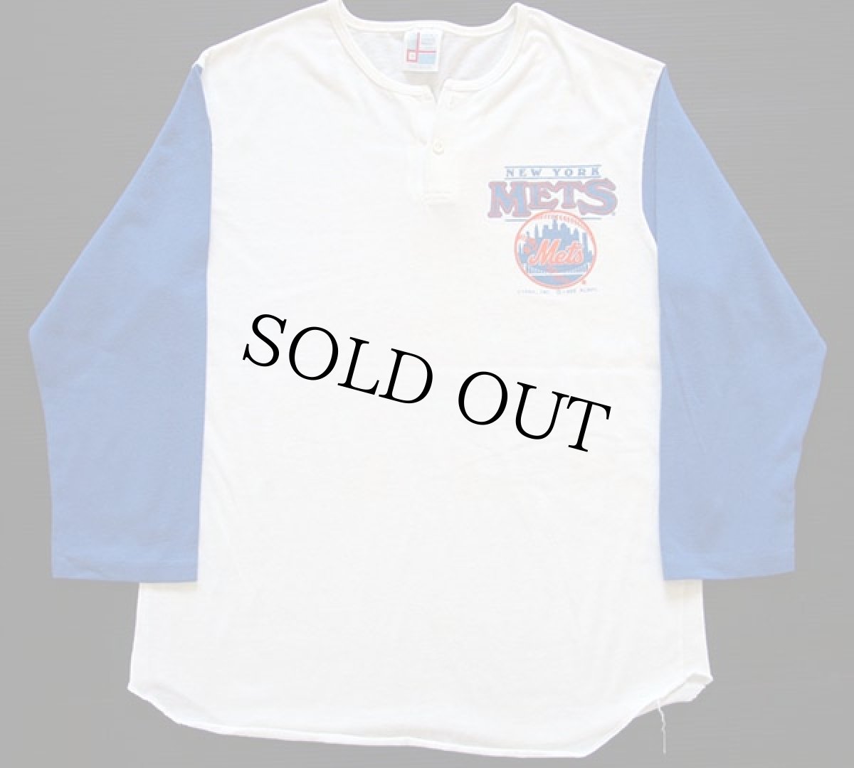 画像1: 80s USA製 MLB NEW YORK METS ツートン ヘンリーネック 七分袖 Tシャツ 青 M (1)