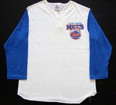 画像1: 80s USA製 MLB NEW YORK METS ツートン ヘンリーネック 七分袖Tシャツ 青 M (1)