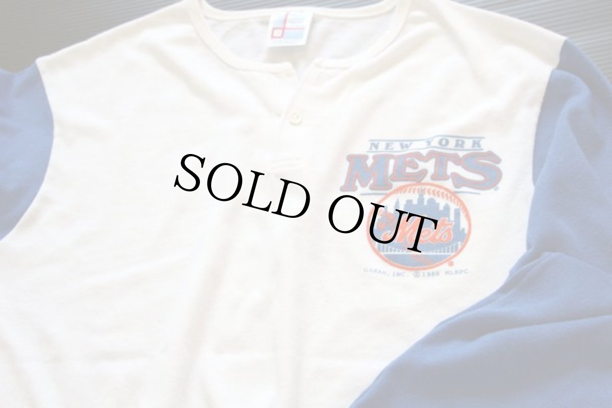 画像3: 80s USA製 MLB NEW YORK METS ツートン ヘンリーネック 七分袖 Tシャツ 青 M (3)
