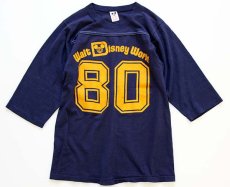 画像1: 80s USA製 Disneyディズニー 80 ナンバリング フロッキープリント フットボールTシャツ 紺 M★ミッキー マウス (1)