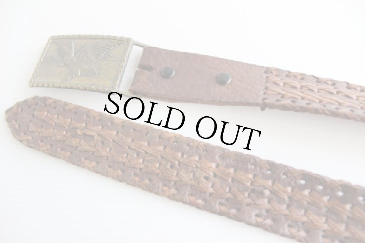 画像2: 70s イーグル バックル 編み込み レザーベルト 茶42★519 (2)