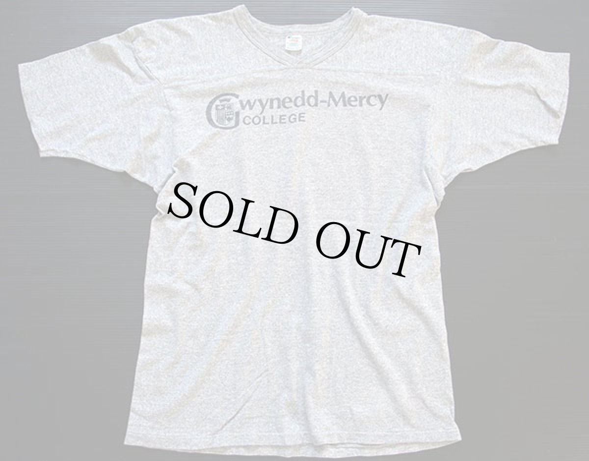 画像2: 80s USA製 Championチャンピオン Gwynedd-Mercy 染み込みプリント 88/12 Tシャツ 杢グレー L (2)