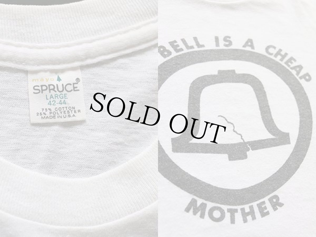 画像3: 70s USA製 mayo SPRUCE MA BELL IS A CHEAP 染み込みプリント Tシャツ 白 L (3)