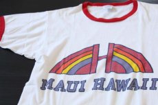 画像1: 70s USA製 Championチャンピオン MAUI HAWAII 染み込みプリント コットン リンガーTシャツ M (1)