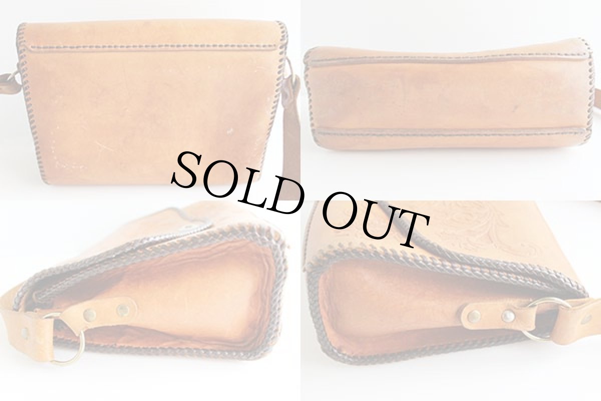 画像2: 70s カービング レザー ショルダーバッグ 茶 (2)