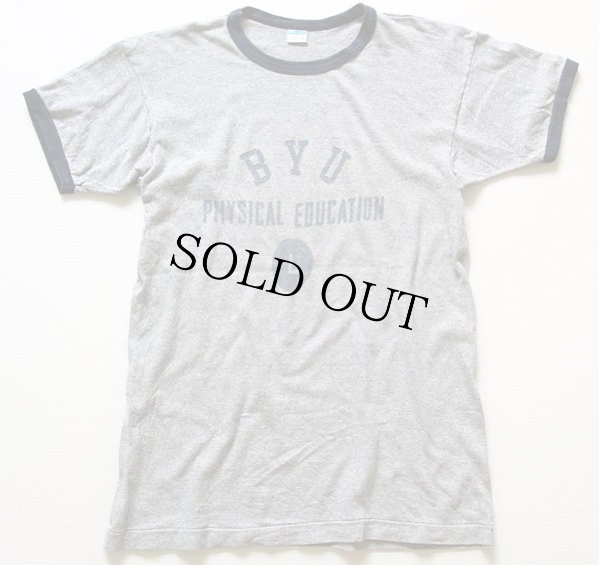 画像2: 70s USA製 Championチャンピオン 染み込みプリント 88/12 リンガーTシャツ 杢グレー×紺 L (2)