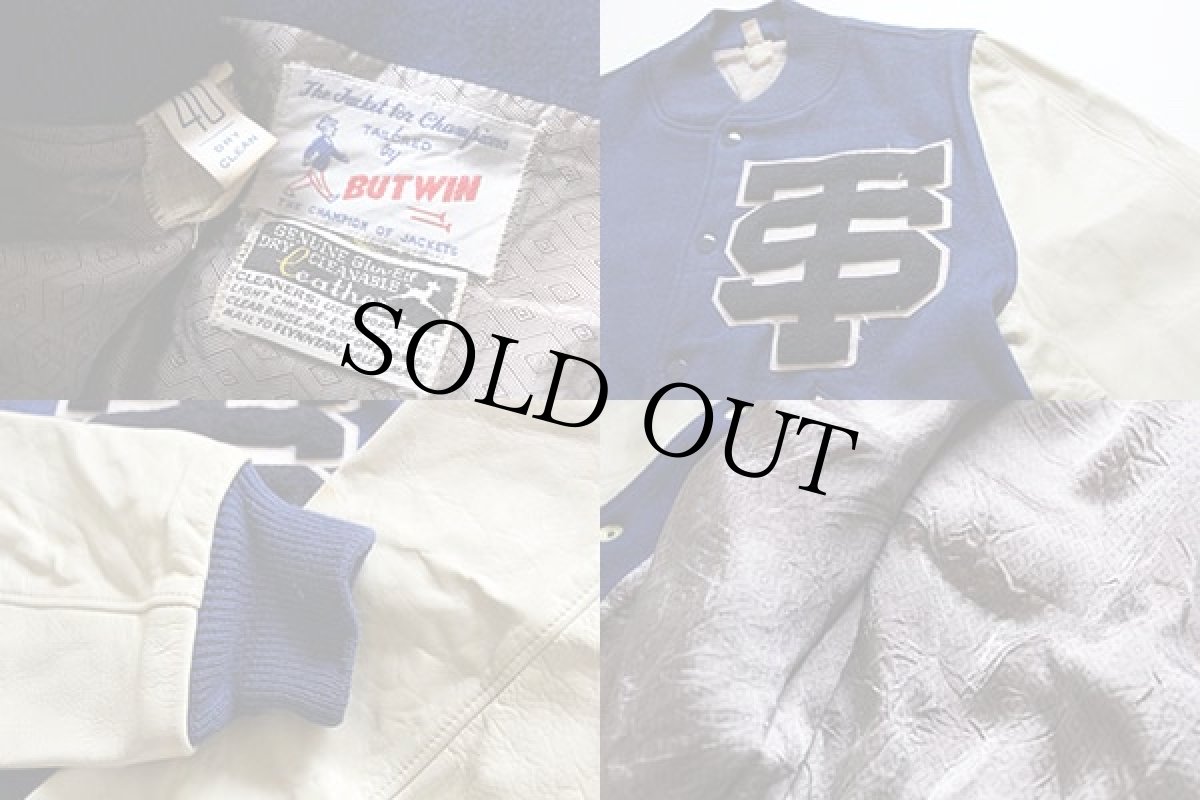 画像3: 60s BUTWINバトウィン メルトン ウール 袖革スタジャン 青×白 40 (3)