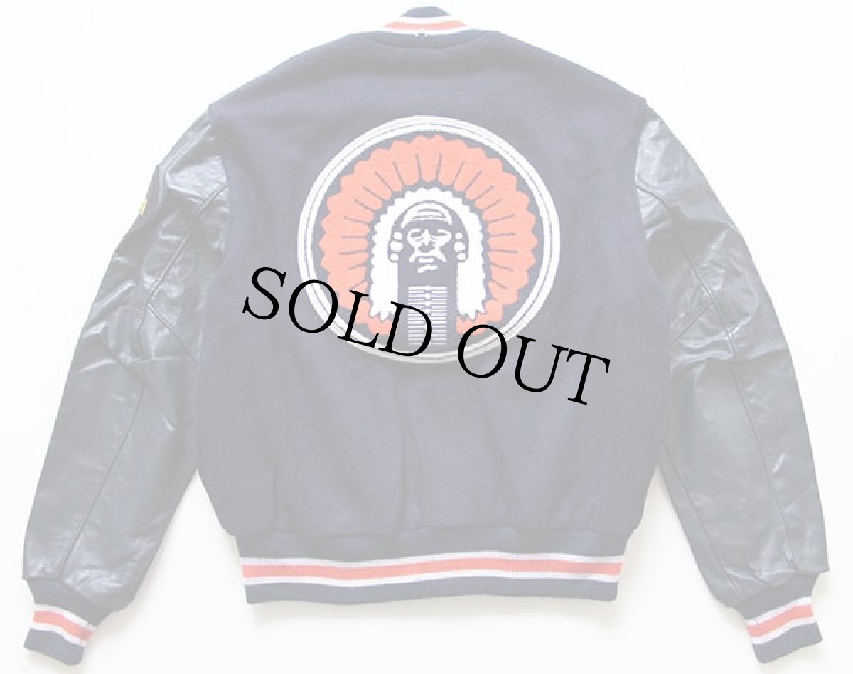 画像2: 80s USA製 DeLONGデロング パッチ付き メルトン ウール 袖革スタジャン 紺 40 (2)