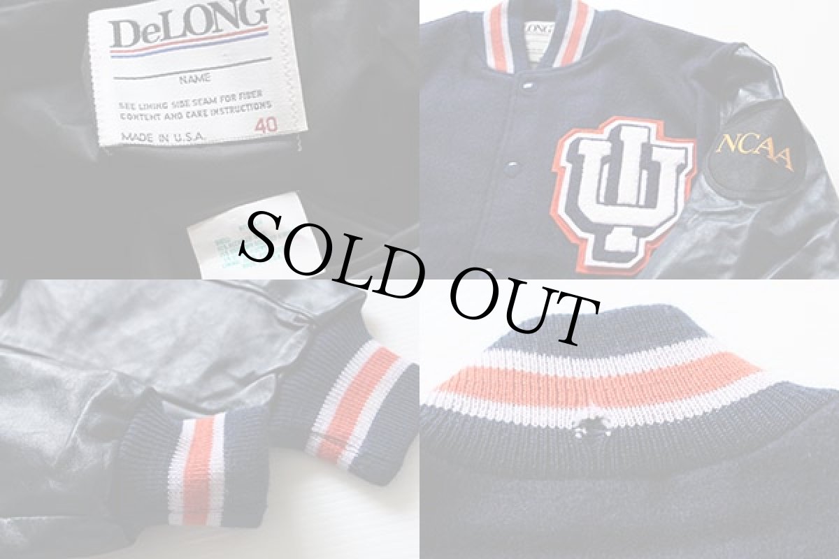 画像3: 80s USA製 DeLONGデロング パッチ付き メルトン ウール 袖革スタジャン 紺 40 (3)