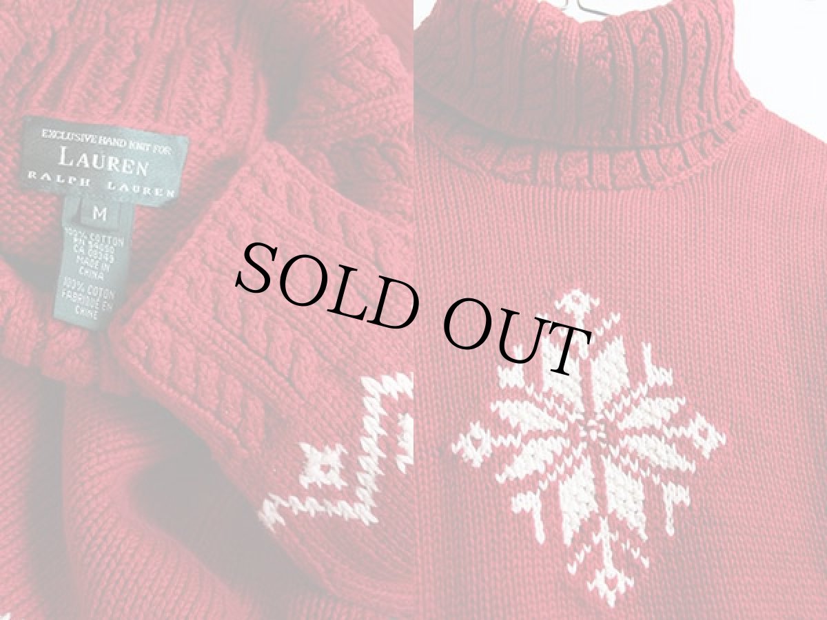 画像3: 00s LAUREN ラルフローレン 雪柄 タートルネック コットン ハンドニットセーター M (3)