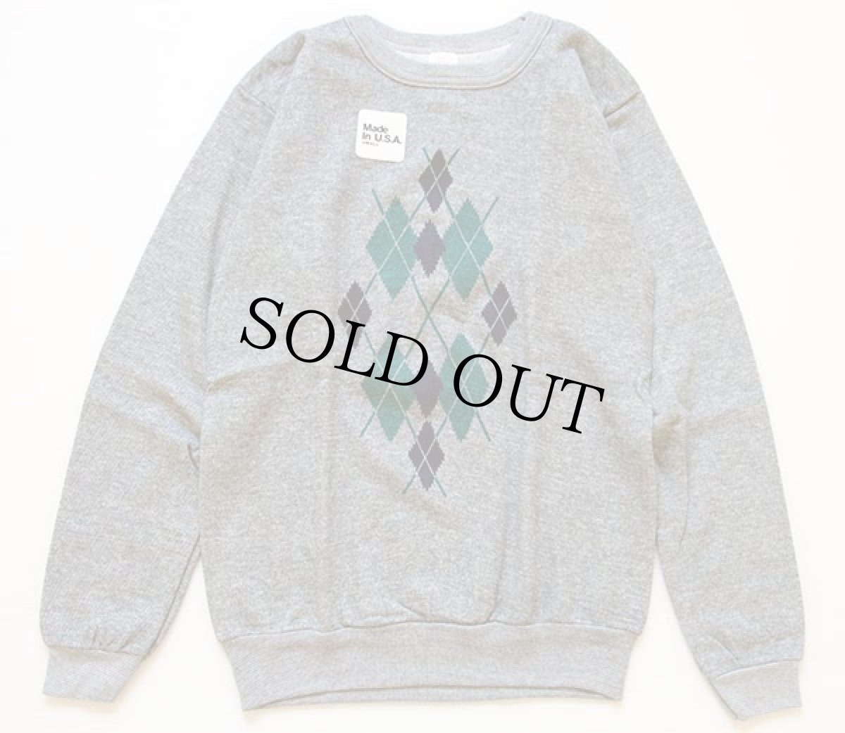 画像2: デッドストック★80s USA製 アーガイル柄 染み込みプリント スウェット 杢グレー S (2)