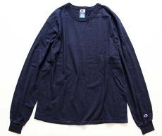 画像1: 90s Championチャンピオン 無地 バインダーネック コットン 長袖Tシャツ 紺 L (1)