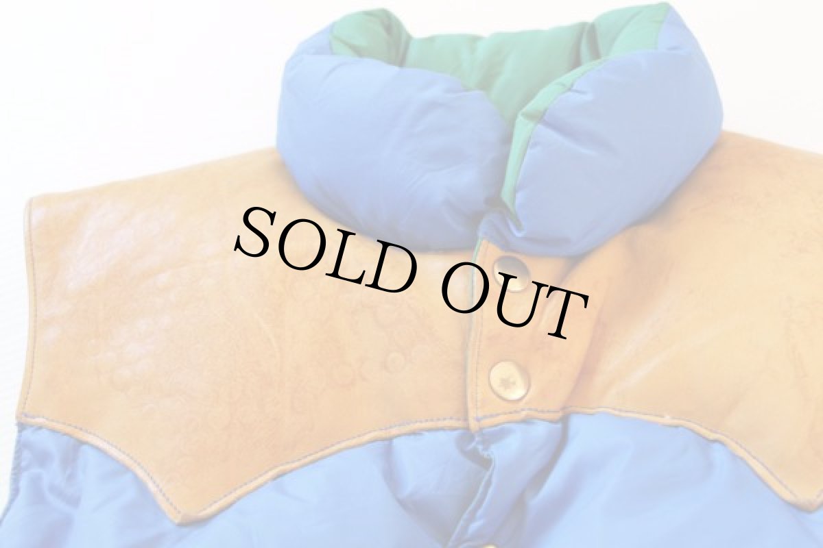 画像4: 70s Rocky Mountainロッキーマウンテン レザーヨーク切り替え ダウンベスト 青 40 (4)