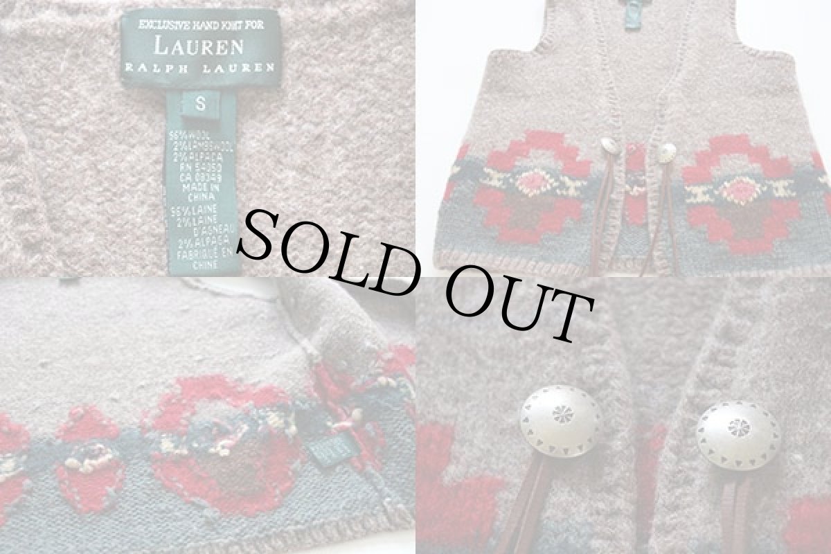 画像3: 00s LAUREN ラルフローレン ネイティブ柄 ウール ハンドニット ベスト S (3)