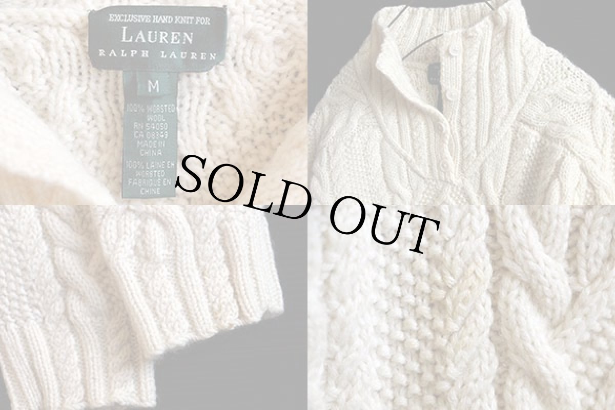 画像3: 00s LAUREN ラルフローレン ハイネック ケーブル編み ウール ハンドニット セーター M (3)