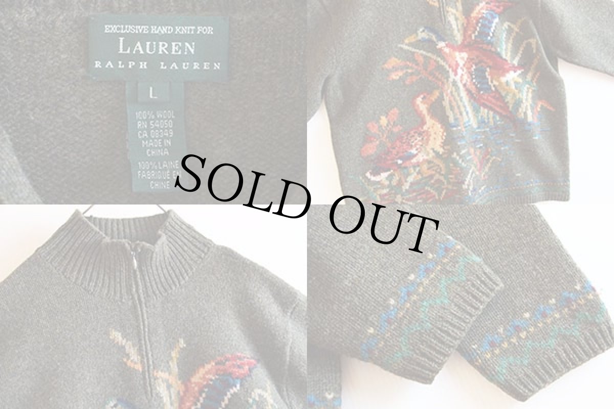 画像3: 00s LAUREN ラルフローレン カモ柄 アート ハイネック ウール ハンドニット セーター L (3)