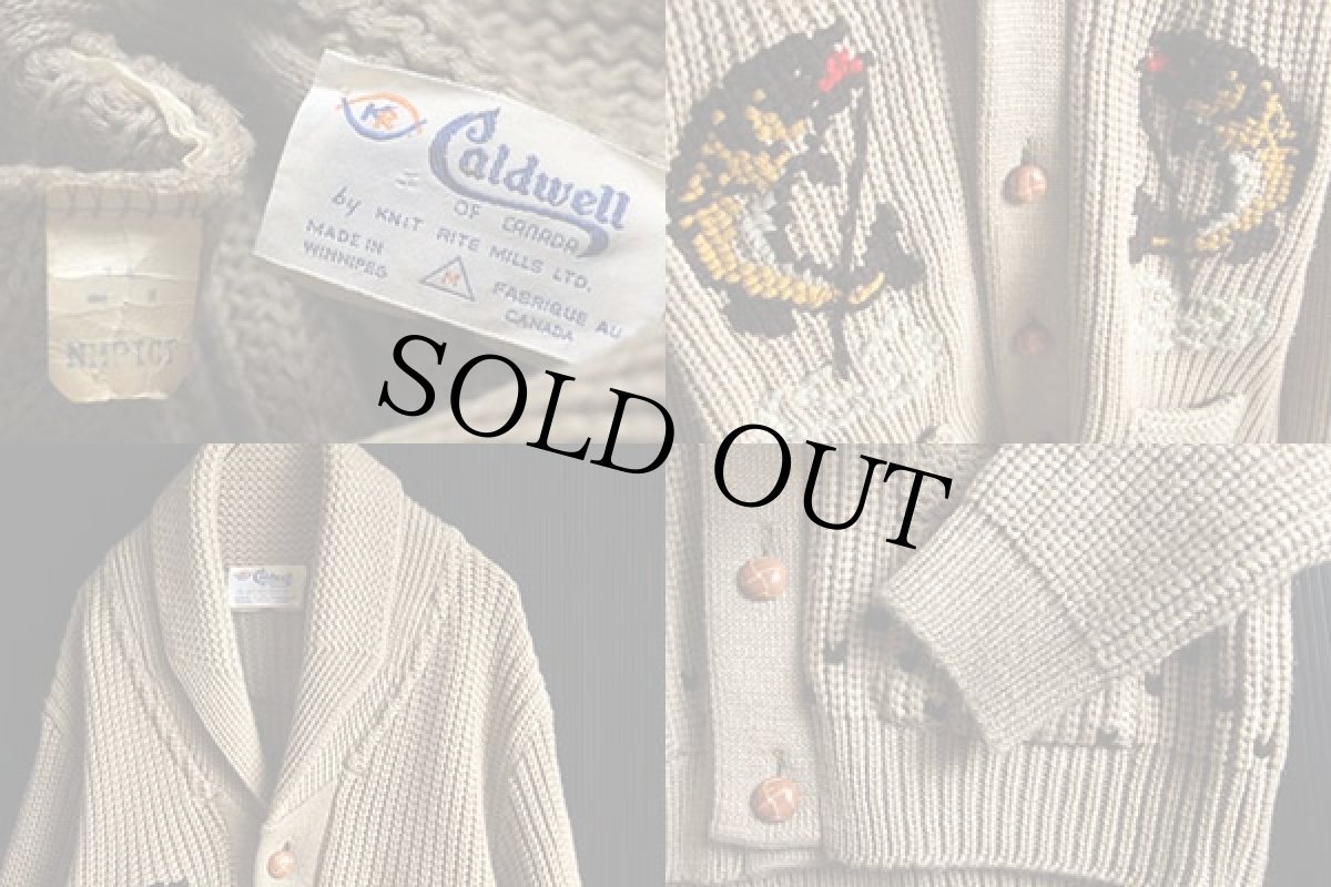 画像3: 70s カナダ製 Caldwell 魚柄 ショールカラー ニットカーディガン M★カウチン (3)