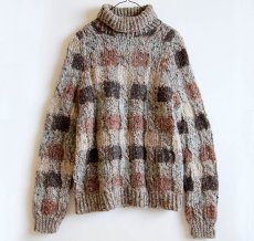 画像1: アイルランド製 Donegal Woollen チェック タートルネック ウール ハンドニット セーター M (1)