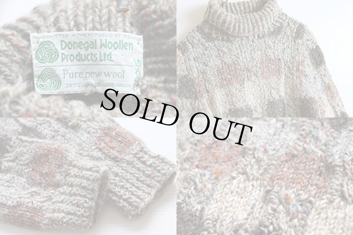 画像3: アイルランド製 Donegal Woollen チェック タートルネック ウール ハンドニット セーター M (3)