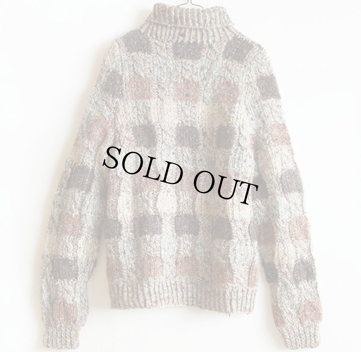 画像2: アイルランド製 Donegal Woollen チェック タートルネック ウール ハンドニット セーター M (2)