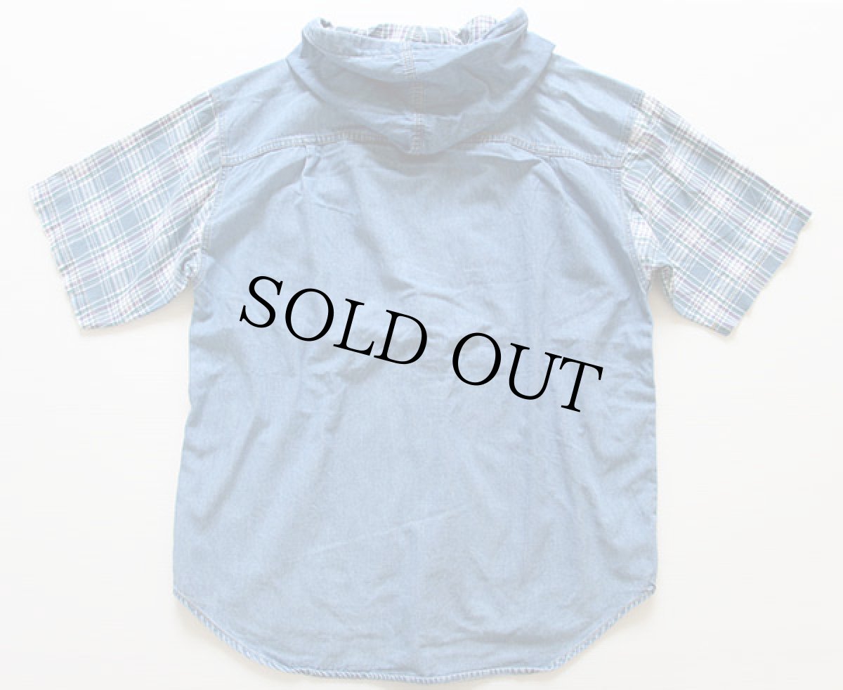 画像2: 90s I.O.U. マドラスチェック 切り替え 半袖 デニムシャツパーカー L (2)