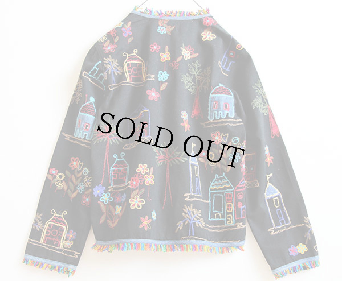 画像2: CHICO'S 刺繍 総柄 ノーカラー コットンジャケット 黒 0 (2)