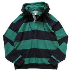 画像1: 80s USA製 L.L.Bean 太ボーダー ヘビー コットン ラガーシャツ パーカー 紺×緑 L (1)