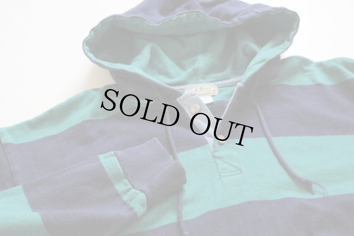 画像3: 80s USA製 L.L.Bean 太ボーダー ヘビー コットン ラガーシャツ パーカー 紺×緑 L (3)