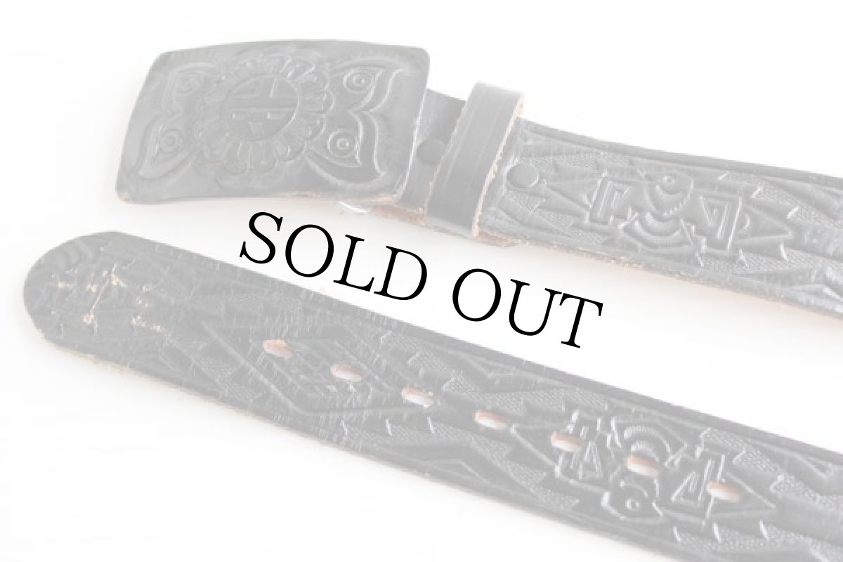 画像2: UNKNOWN サンダーバード サンフェイス ネイティブ柄 バックル カービング レザーベルト 黒 S★802 (2)