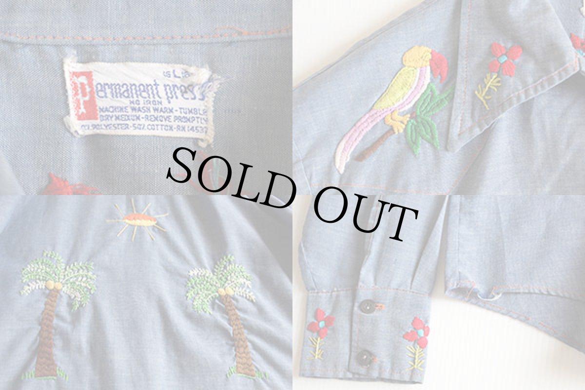 画像3: 70s UNKNOWN 刺繍入り 耳付き シャンブレーシャツ L (3)