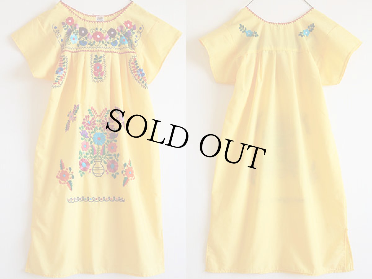 画像2: メキシコ製 花柄刺繍 チュニック ワンピース 黄 (2)