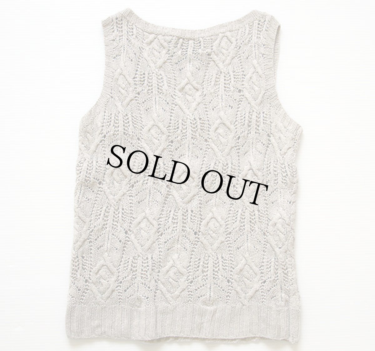 画像2: 00s LAUREN ラルフローレン ケーブル編み ノースリーブ シルク×リネン ハンドニット セーター ベージュ M (2)