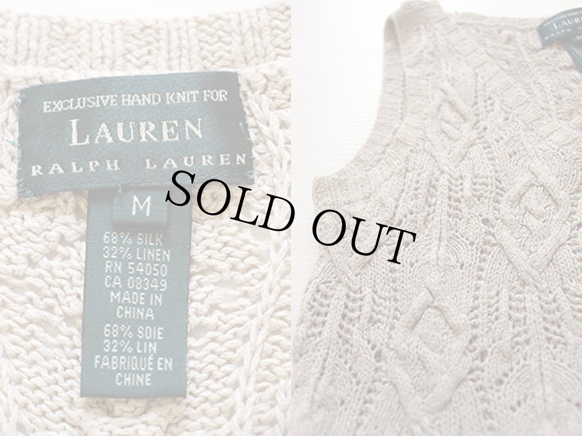 画像3: 00s LAUREN ラルフローレン ケーブル編み ノースリーブ シルク×リネン ハンドニット セーター ベージュ M (3)