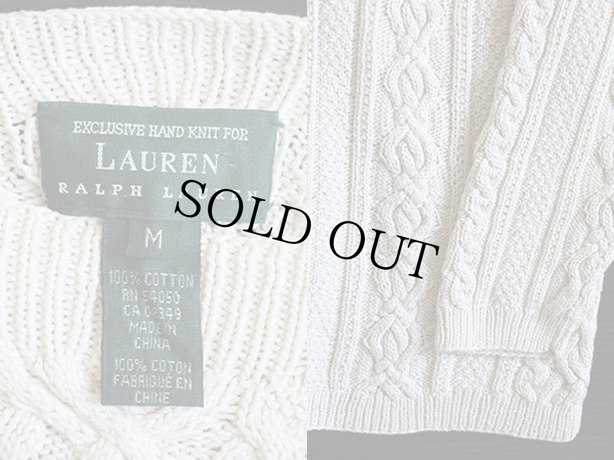 画像3: 00s LAUREN ラルフローレン ボートネック 七分袖 ケーブル編み コットン ハンドニット セーター M (3)